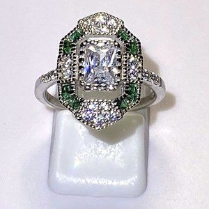 Vintage Estate Inspired Ring - Synthetic Emeralds & Diamonds - Size 6, 7 or 8